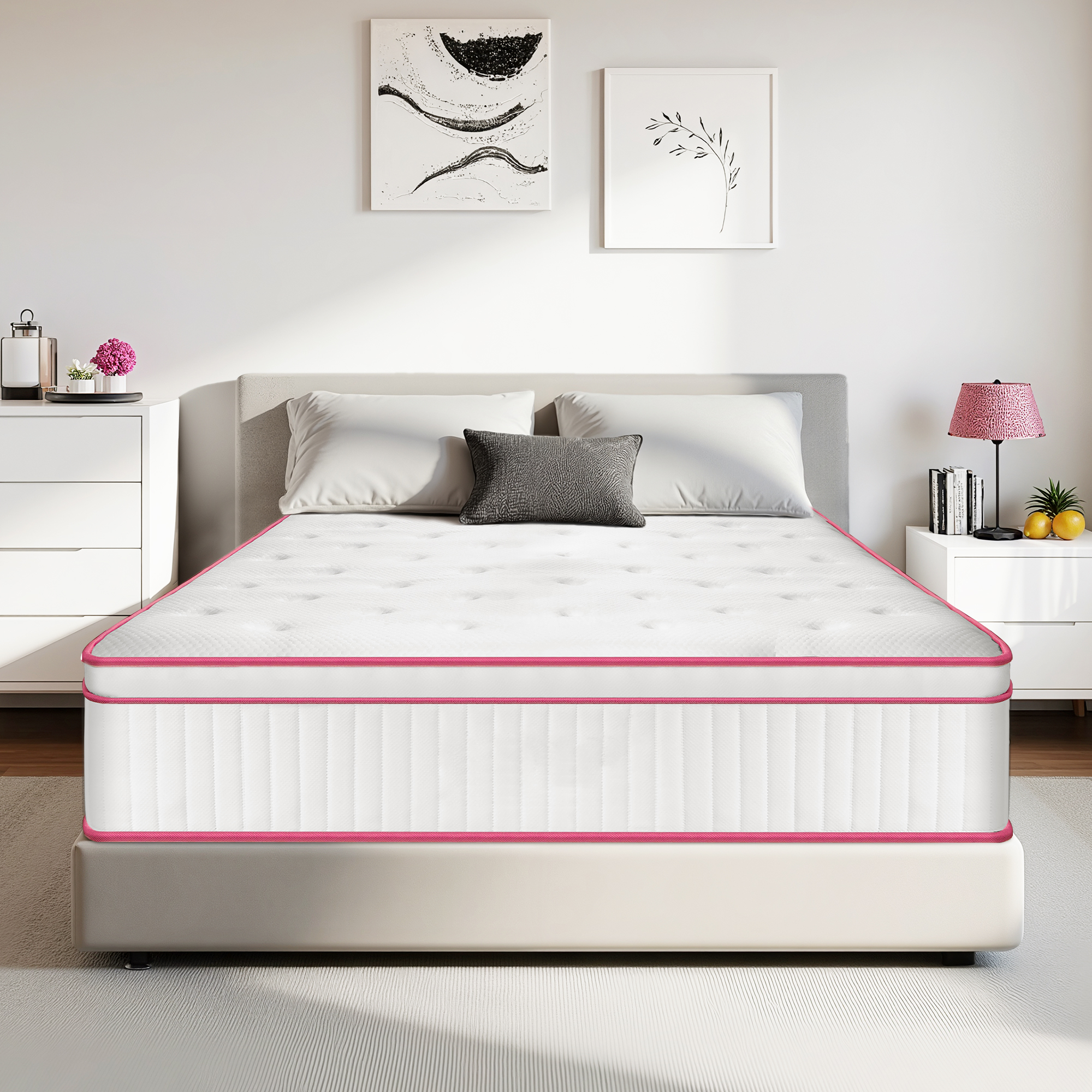画板 1 Queen Mattress 10/ 12 inch, Hybrid Queen Size Mattress in a Box with Upgrade Innerspring, Pink - Image 1