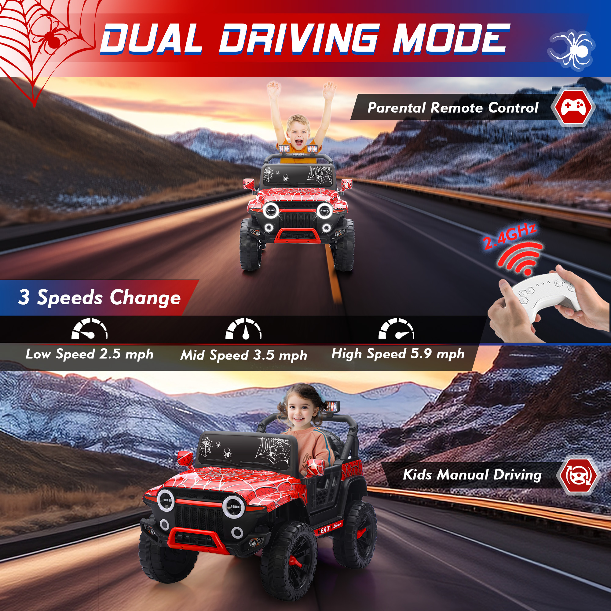 4 24V Kids Ride on Car, 2 Seater Ride on Toy for Big Kids with Remote Control, Kids Electric Vehicles Cars, 3 Speeds, LED Lights, Bluetooth Music, Red - Image 4