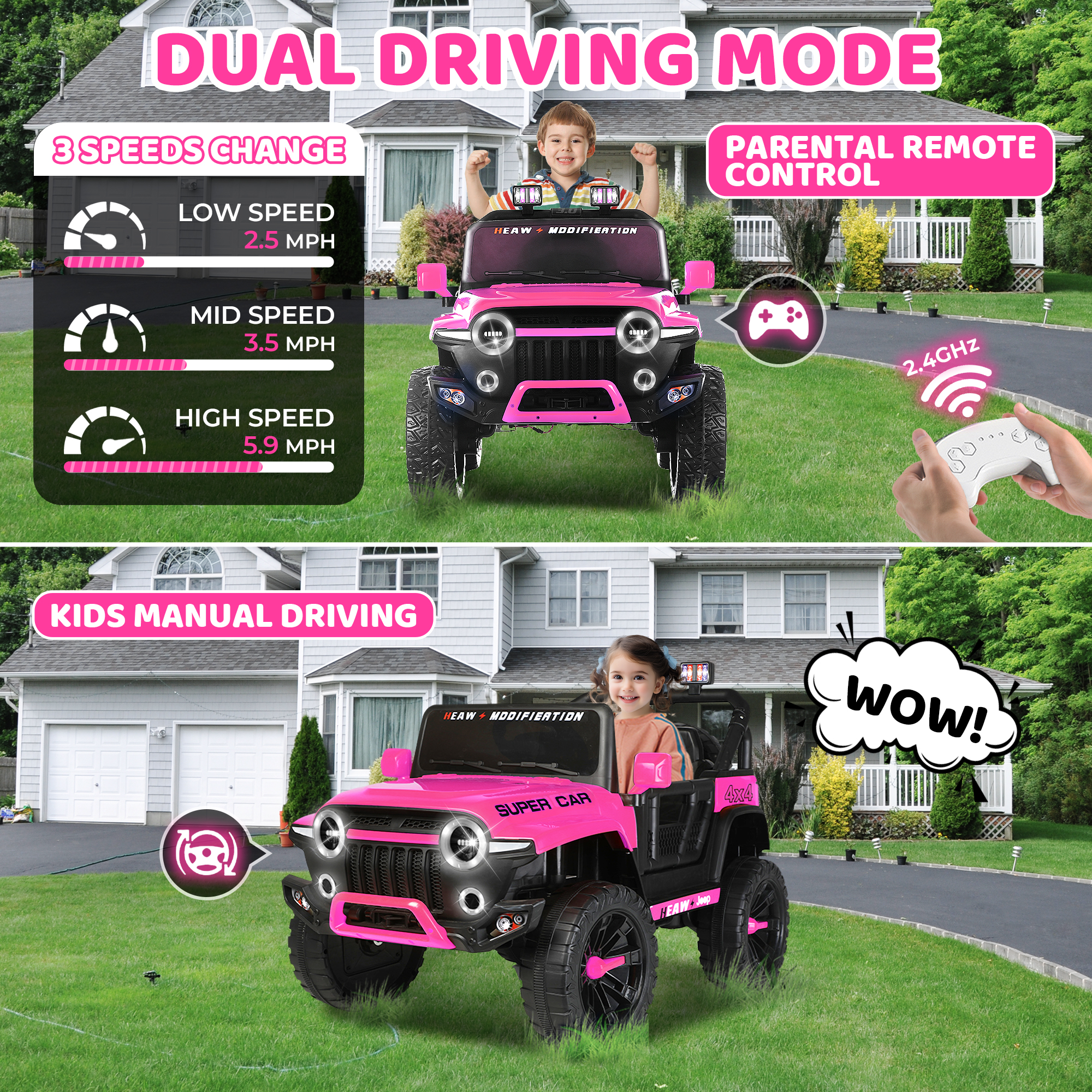 画板 3 24V Kids Ride on Car, 2 Seater Ride on Toy for Big Kids with Remote Control, Kids Electric Vehicles Cars, 3 Speeds, LED Lights, Bluetooth Music, Pink - Image 3