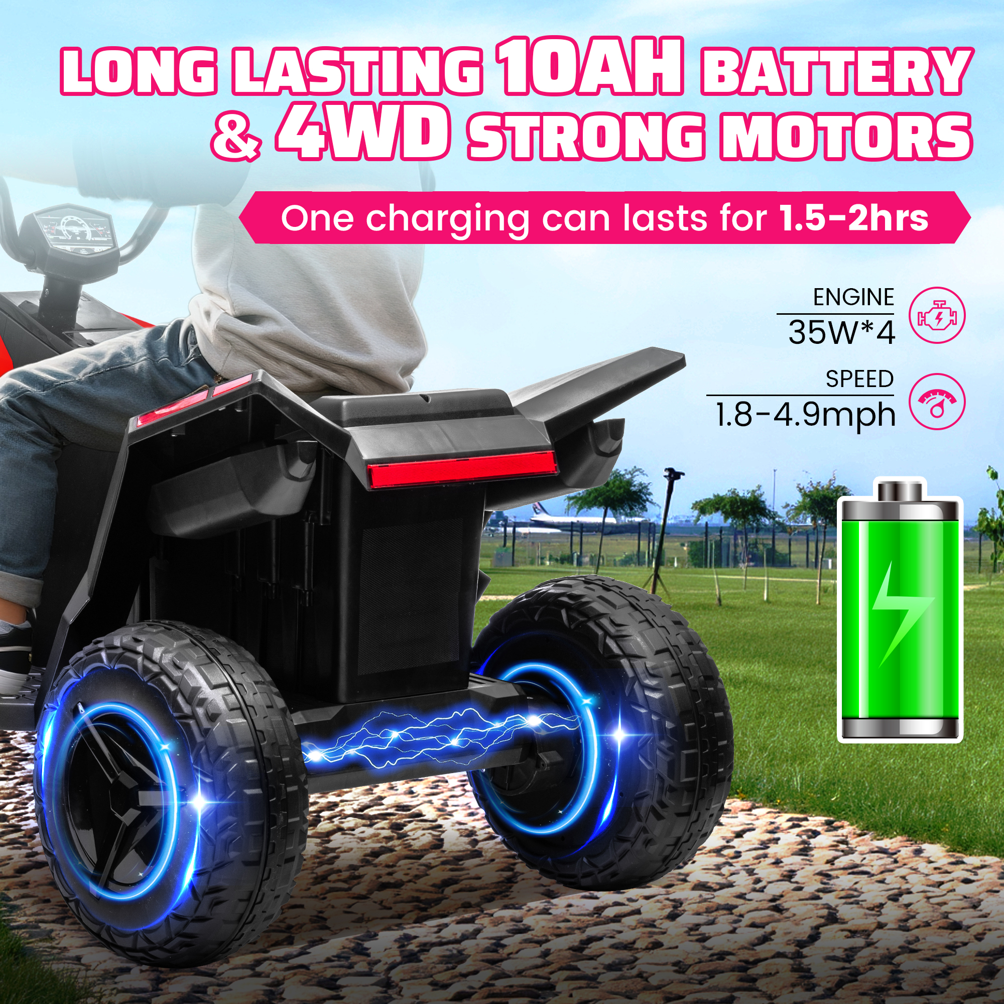 画板 4 Kids ATV 4 Wheeler 24V, Ride on Toys Electric Car for Ages 3+ Toddlers Boys Girls with Remote Control, LED Headlights, Bluetooth, Music Player, Pink - Image 7