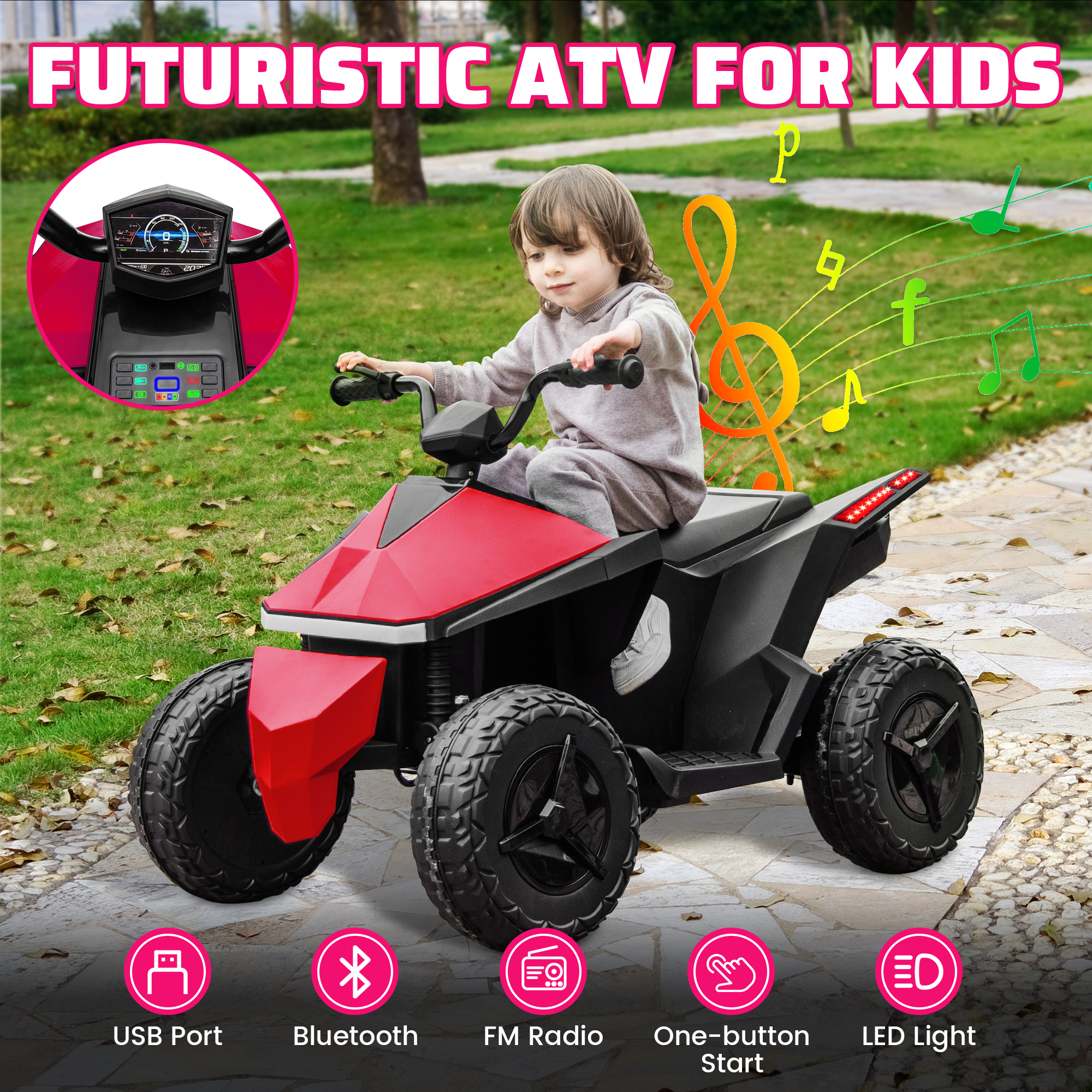 画板 5 Kids ATV 4 Wheeler 24V, Ride on Toys Electric Car for Ages 3+ Toddlers Boys Girls with Remote Control, LED Headlights, Bluetooth, Music Player, Pink - Image 3