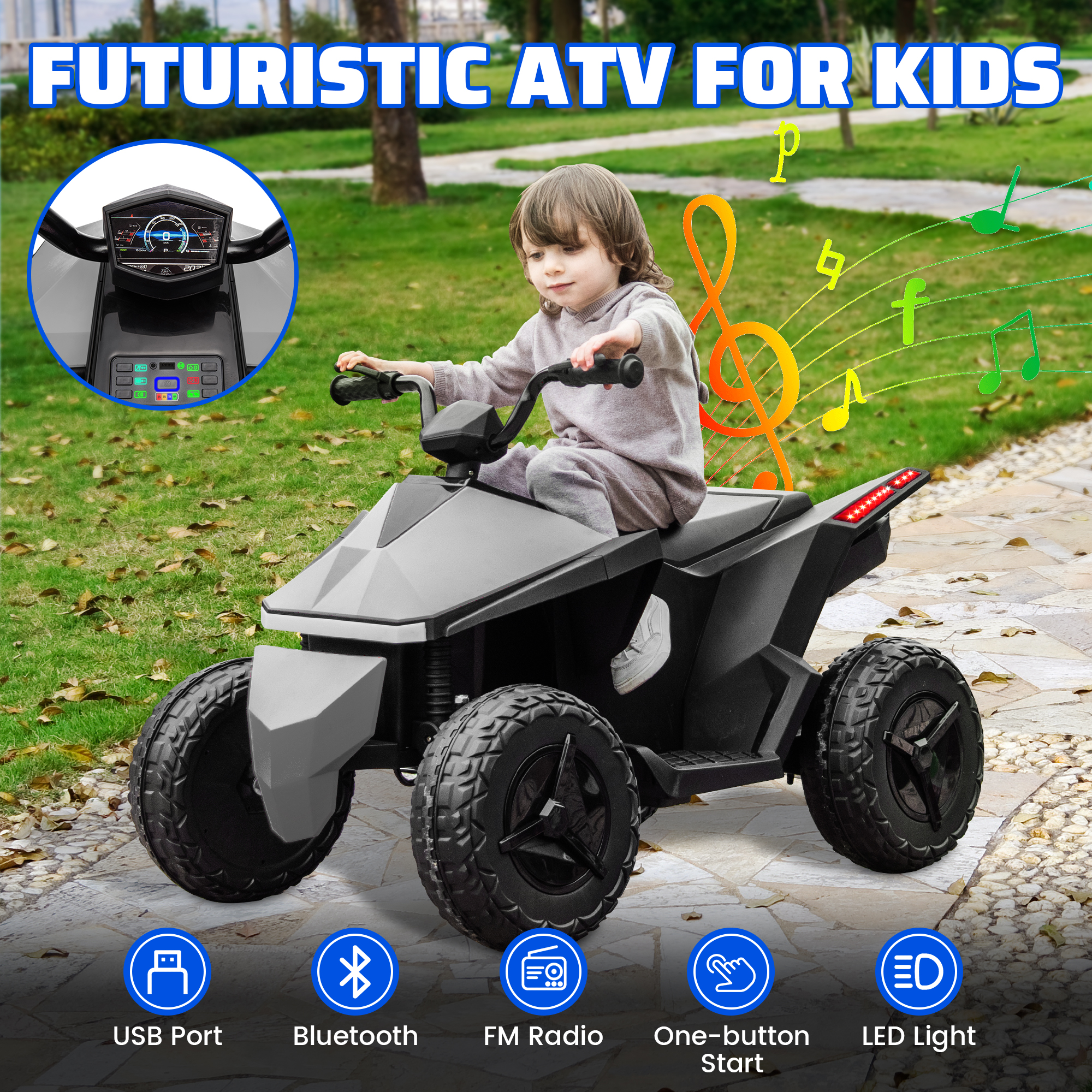 画板 5 Kids ATV 4 Wheeler 24V, Ride on Toys Electric Car for Ages 3+ Toddlers Boys Girls with Remote Control, LED Headlights, Bluetooth, Music Player, Grey - Image 5
