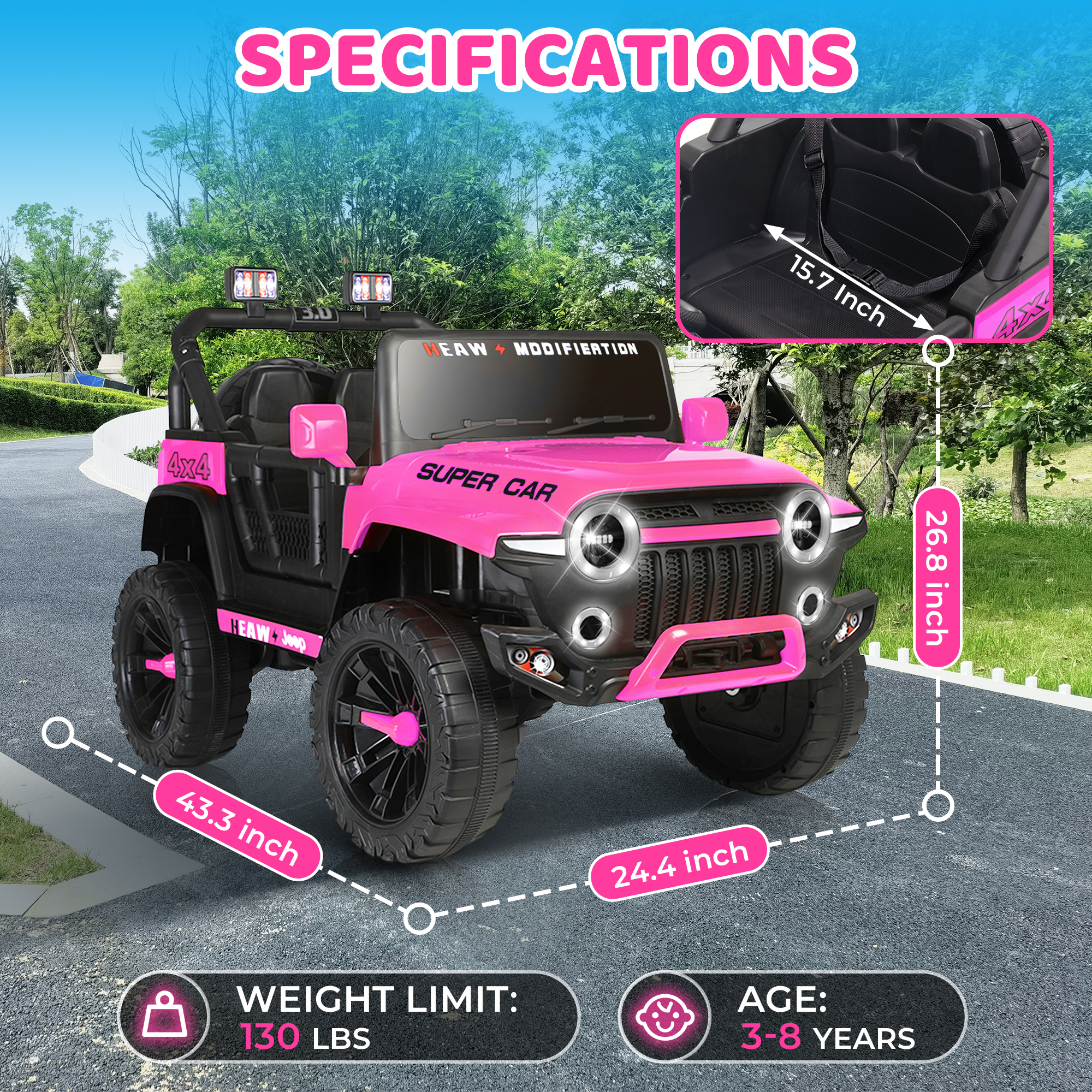 画板 7 24V Kids Ride on Car, 2 Seater Ride on Toy for Big Kids with Remote Control, Kids Electric Vehicles Cars, 3 Speeds, LED Lights, Bluetooth Music, Pink - Image 7